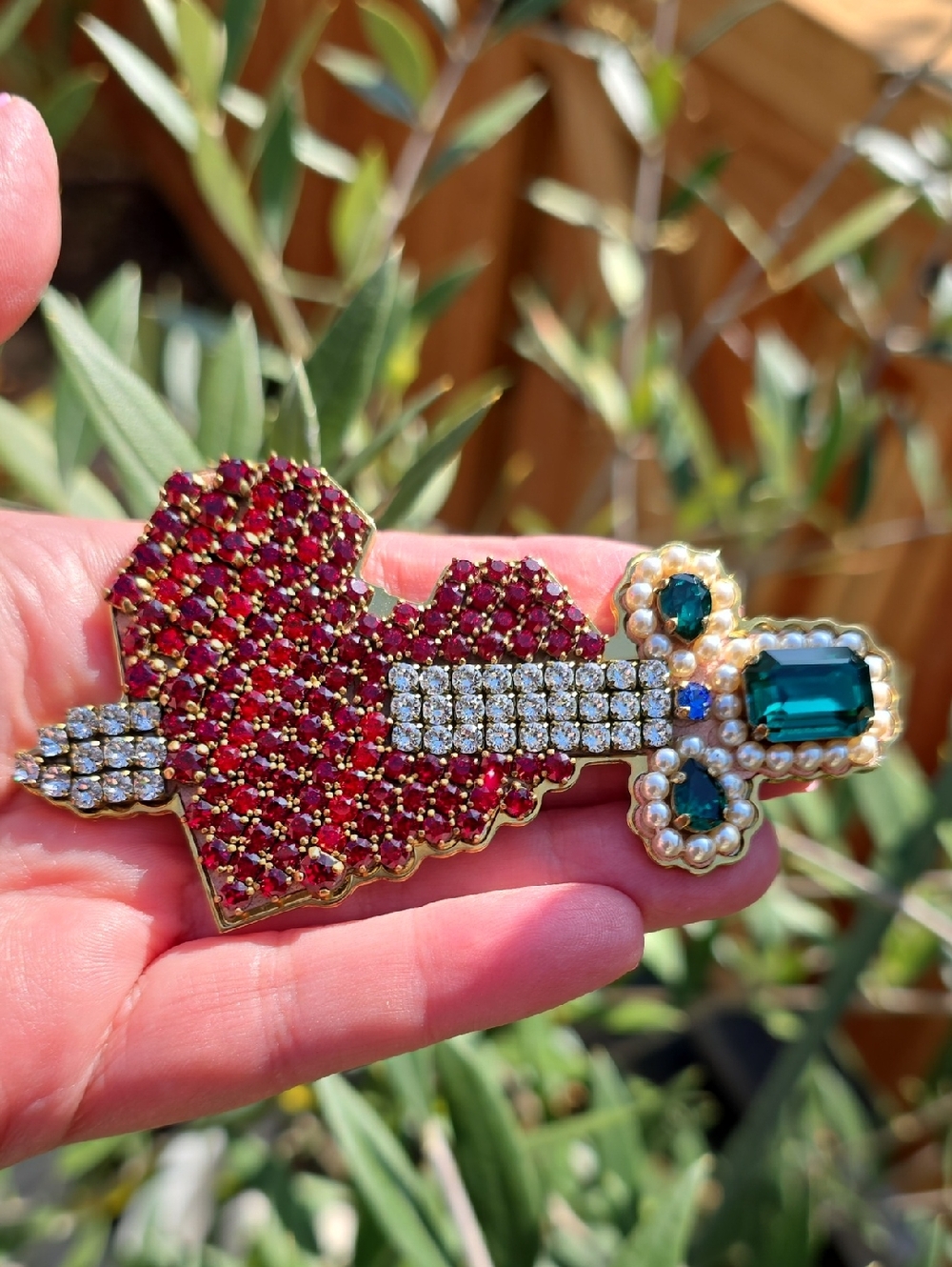 Shourouk Red and Emerald Colored Sword Brooch with Pearls and Crystals